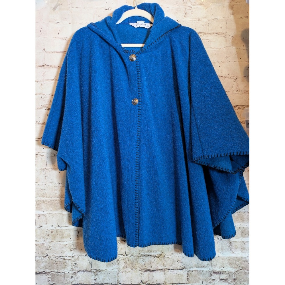 Vintage Vermont Country Store Cape Large Cobalt Wool Blend Hooded Two Button
